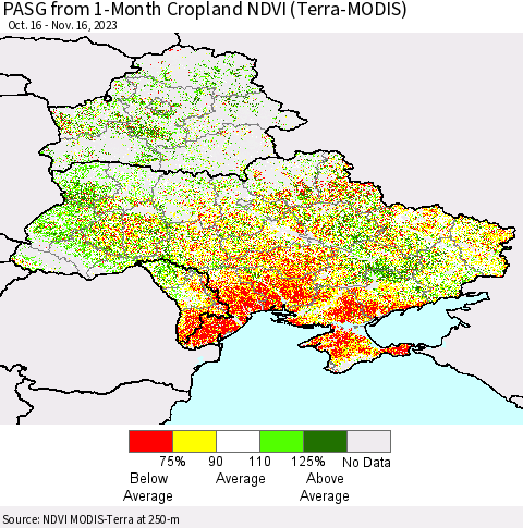 Ukraine, Moldova and Belarus PASG from 1-Month Cropland NDVI (Terra-MODIS) Thematic Map For 11/9/2023 - 11/16/2023