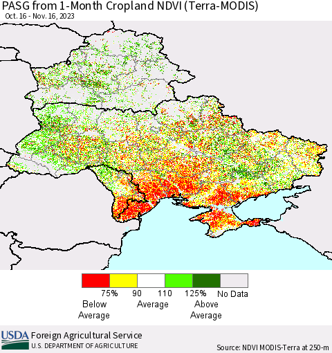 Ukraine, Moldova and Belarus PASG from 1-Month Cropland NDVI (Terra-MODIS) Thematic Map For 11/11/2023 - 11/20/2023