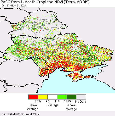Ukraine, Moldova and Belarus PASG from 1-Month Cropland NDVI (Terra-MODIS) Thematic Map For 11/17/2023 - 11/24/2023