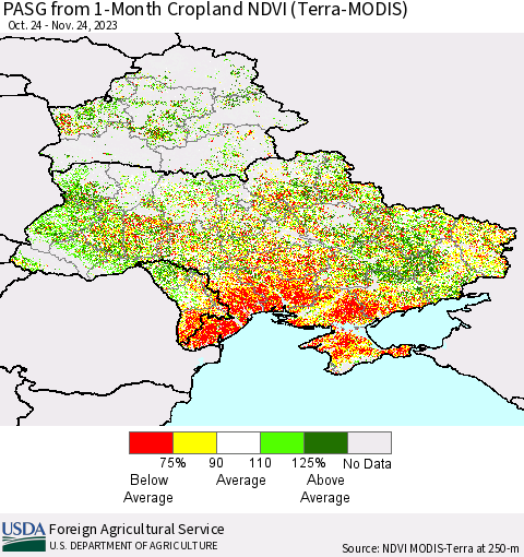 Ukraine, Moldova and Belarus PASG from 1-Month Cropland NDVI (Terra-MODIS) Thematic Map For 11/21/2023 - 11/30/2023