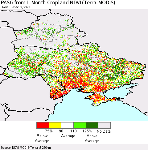 Ukraine, Moldova and Belarus PASG from 1-Month Cropland NDVI (Terra-MODIS) Thematic Map For 11/25/2023 - 12/2/2023