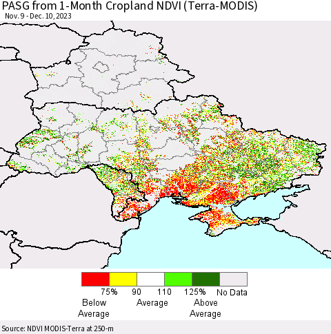 Ukraine, Moldova and Belarus PASG from 1-Month Cropland NDVI (Terra-MODIS) Thematic Map For 12/3/2023 - 12/10/2023