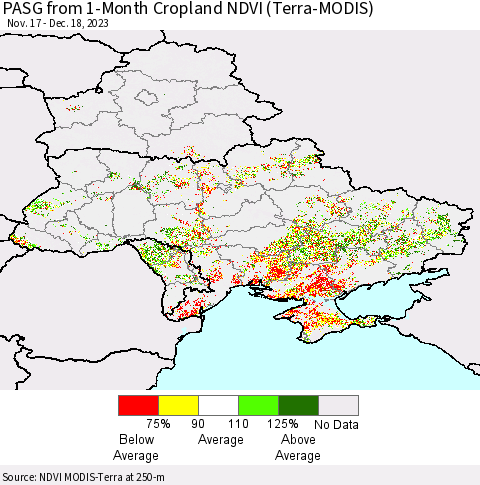 Ukraine, Moldova and Belarus PASG from 1-Month Cropland NDVI (Terra-MODIS) Thematic Map For 12/11/2023 - 12/18/2023