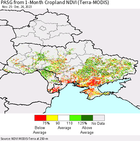 Ukraine, Moldova and Belarus PASG from 1-Month Cropland NDVI (Terra-MODIS) Thematic Map For 12/19/2023 - 12/26/2023