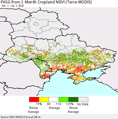 Ukraine, Moldova and Belarus PASG from 1-Month Cropland NDVI (Terra-MODIS) Thematic Map For 12/27/2023 - 1/3/2024