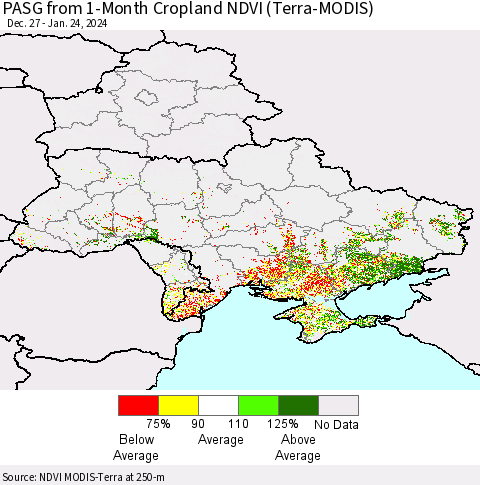 Ukraine, Moldova and Belarus PASG from 1-Month Cropland NDVI (Terra-MODIS) Thematic Map For 1/17/2024 - 1/24/2024