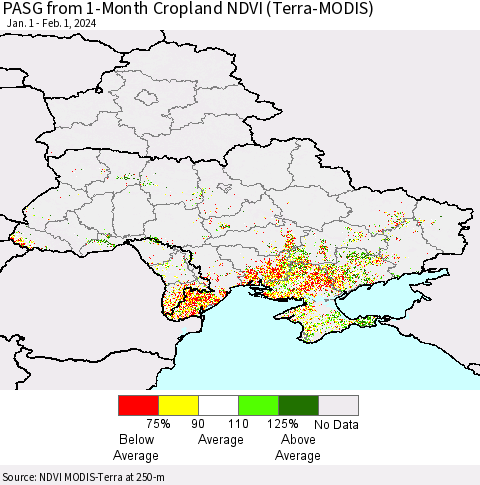 Ukraine, Moldova and Belarus PASG from 1-Month Cropland NDVI (Terra-MODIS) Thematic Map For 1/25/2024 - 2/1/2024