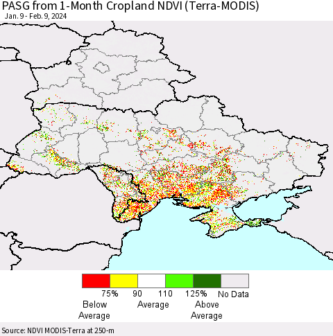 Ukraine, Moldova and Belarus PASG from 1-Month Cropland NDVI (Terra-MODIS) Thematic Map For 2/2/2024 - 2/9/2024