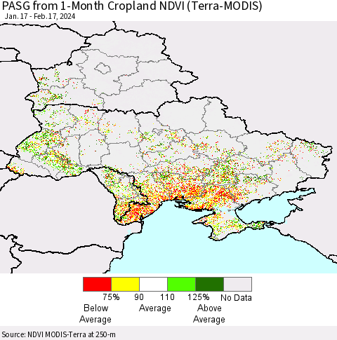 Ukraine, Moldova and Belarus PASG from 1-Month Cropland NDVI (Terra-MODIS) Thematic Map For 2/10/2024 - 2/17/2024