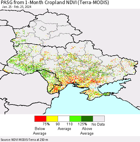 Ukraine, Moldova and Belarus PASG from 1-Month Cropland NDVI (Terra-MODIS) Thematic Map For 2/18/2024 - 2/25/2024