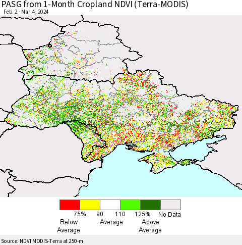 Ukraine, Moldova and Belarus PASG from 1-Month Cropland NDVI (Terra-MODIS) Thematic Map For 2/26/2024 - 3/4/2024