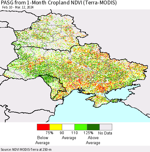Ukraine, Moldova and Belarus PASG from 1-Month Cropland NDVI (Terra-MODIS) Thematic Map For 3/5/2024 - 3/12/2024