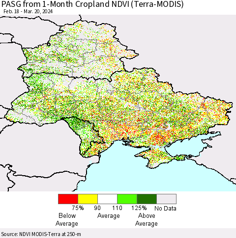 Ukraine, Moldova and Belarus PASG from 1-Month Cropland NDVI (Terra-MODIS) Thematic Map For 3/13/2024 - 3/20/2024