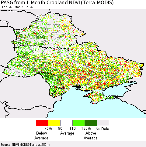 Ukraine, Moldova and Belarus PASG from 1-Month Cropland NDVI (Terra-MODIS) Thematic Map For 3/21/2024 - 3/28/2024