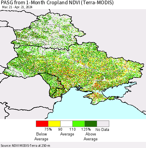 Ukraine, Moldova and Belarus PASG from 1-Month Cropland NDVI (Terra-MODIS) Thematic Map For 4/14/2024 - 4/21/2024