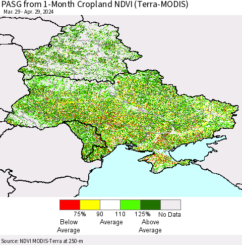 Ukraine, Moldova and Belarus PASG from 1-Month Cropland NDVI (Terra-MODIS) Thematic Map For 4/22/2024 - 4/29/2024