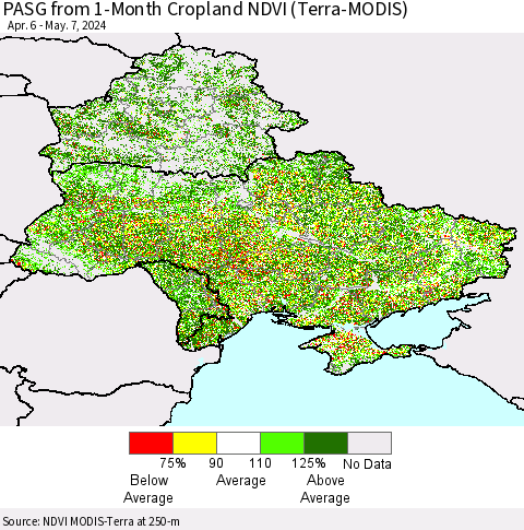 Ukraine, Moldova and Belarus PASG from 1-Month Cropland NDVI (Terra-MODIS) Thematic Map For 4/30/2024 - 5/7/2024