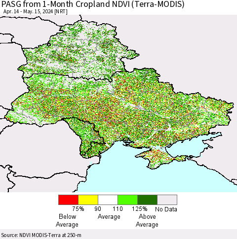 Ukraine, Moldova and Belarus PASG from 1-Month Cropland NDVI (Terra-MODIS) Thematic Map For 5/8/2024 - 5/15/2024