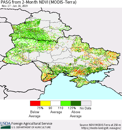 Ukraine, Moldova and Belarus PASG from 2-Month NDVI (Terra-MODIS) Thematic Map For 1/11/2019 - 1/20/2019