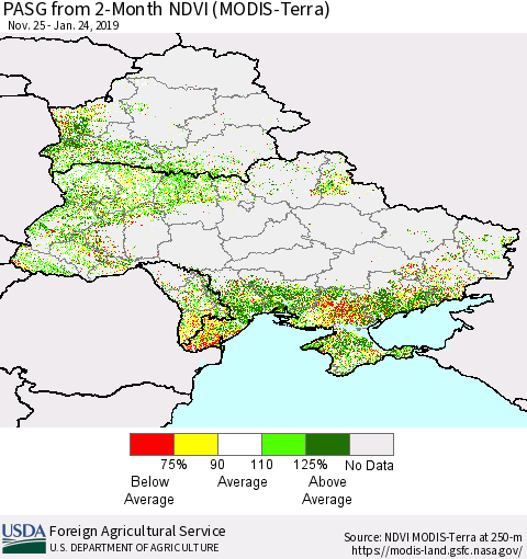 Ukraine, Moldova and Belarus PASG from 2-Month NDVI (Terra-MODIS) Thematic Map For 1/21/2019 - 1/31/2019
