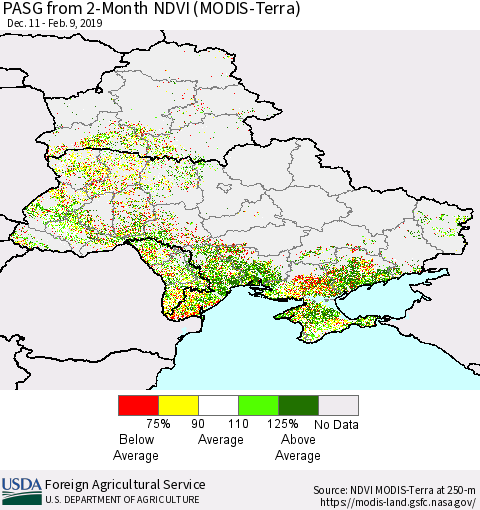 Ukraine, Moldova and Belarus PASG from 2-Month NDVI (Terra-MODIS) Thematic Map For 2/1/2019 - 2/10/2019