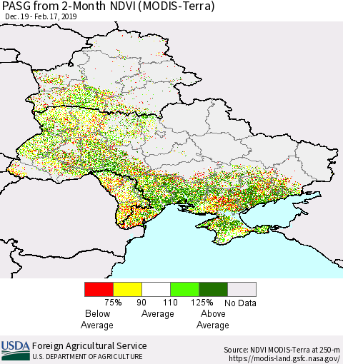 Ukraine, Moldova and Belarus PASG from 2-Month NDVI (Terra-MODIS) Thematic Map For 2/11/2019 - 2/20/2019