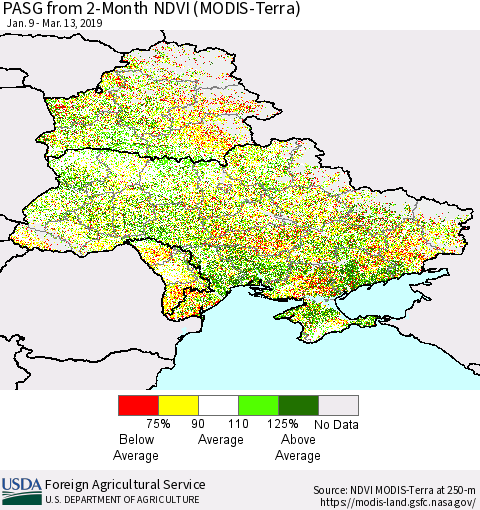Ukraine, Moldova and Belarus PASG from 2-Month NDVI (Terra-MODIS) Thematic Map For 3/11/2019 - 3/20/2019