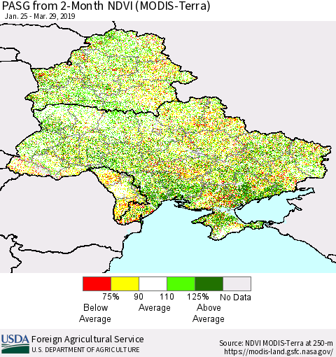 Ukraine, Moldova and Belarus PASG from 2-Month NDVI (Terra-MODIS) Thematic Map For 3/21/2019 - 3/31/2019