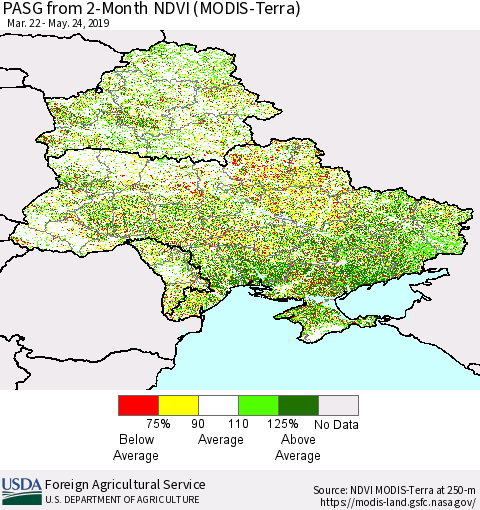 Ukraine, Moldova and Belarus PASG from 2-Month NDVI (Terra-MODIS) Thematic Map For 5/21/2019 - 5/31/2019