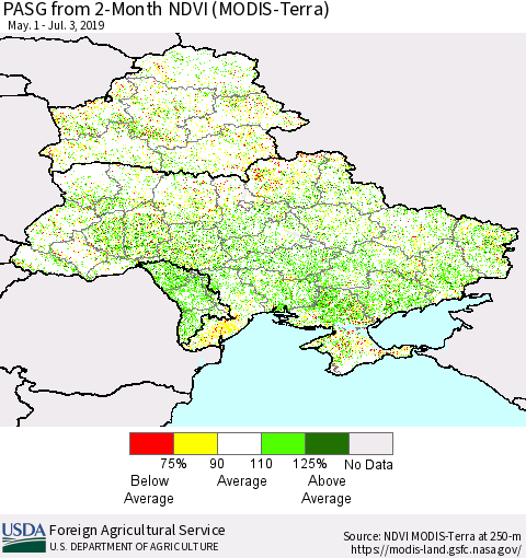 Ukraine, Moldova and Belarus PASG from 2-Month NDVI (Terra-MODIS) Thematic Map For 7/1/2019 - 7/10/2019