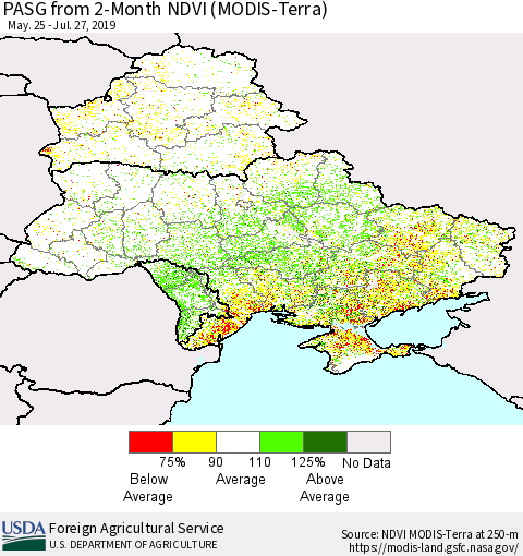 Ukraine, Moldova and Belarus PASG from 2-Month NDVI (MODIS-Terra) Thematic Map For 7/21/2019 - 7/31/2019