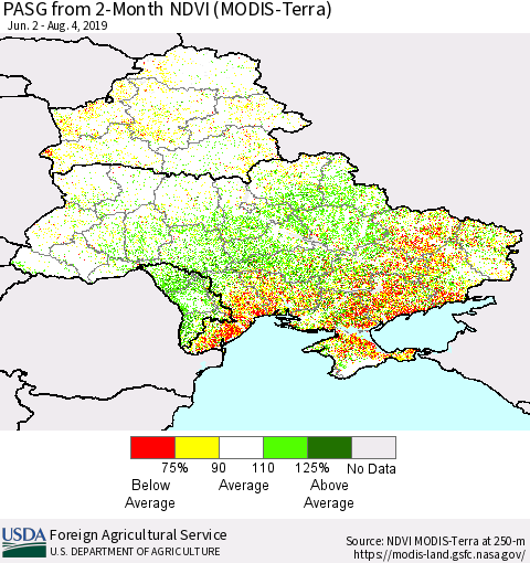 Ukraine, Moldova and Belarus PASG from 2-Month NDVI (Terra-MODIS) Thematic Map For 8/1/2019 - 8/10/2019