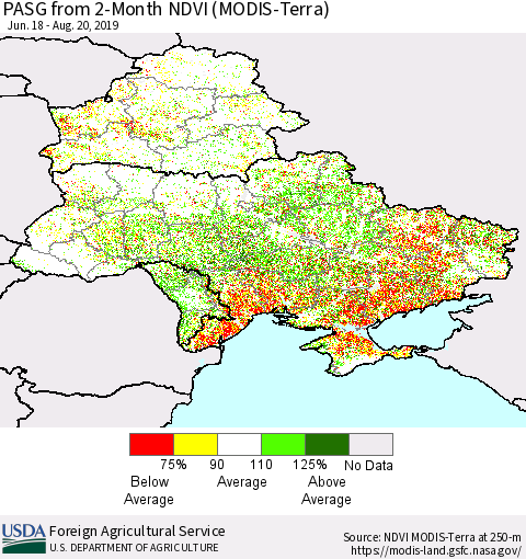 Ukraine, Moldova and Belarus PASG from 2-Month NDVI (Terra-MODIS) Thematic Map For 8/11/2019 - 8/20/2019