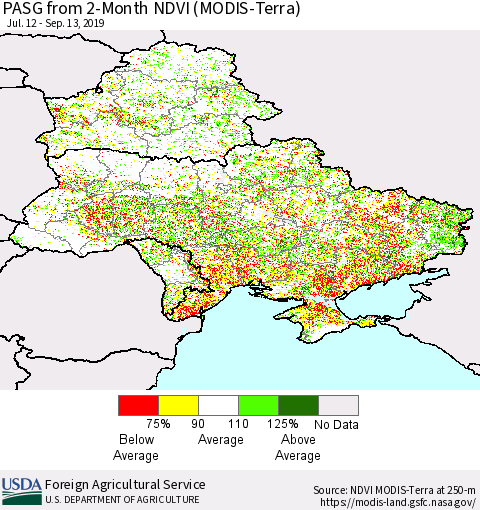 Ukraine, Moldova and Belarus PASG from 2-Month NDVI (Terra-MODIS) Thematic Map For 9/11/2019 - 9/20/2019
