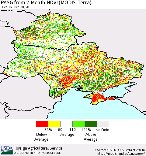 Ukraine, Moldova and Belarus PASG from 2-Month NDVI (MODIS-Terra) Thematic Map For 12/11/2019 - 12/20/2019