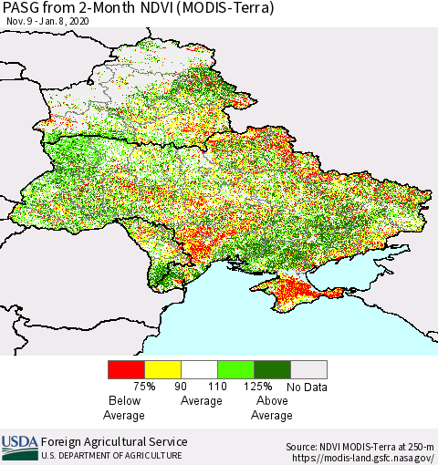 Ukraine, Moldova and Belarus PASG from 2-Month NDVI (Terra-MODIS) Thematic Map For 1/1/2020 - 1/10/2020