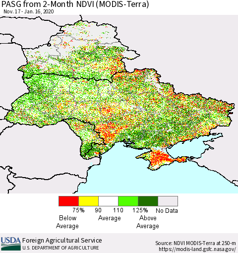 Ukraine, Moldova and Belarus PASG from 2-Month NDVI (Terra-MODIS) Thematic Map For 1/11/2020 - 1/20/2020