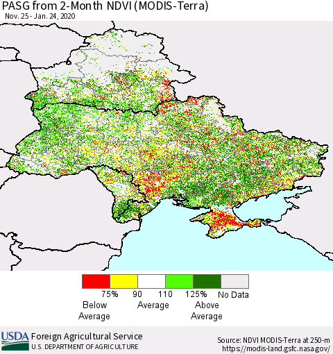 Ukraine, Moldova and Belarus PASG from 2-Month NDVI (Terra-MODIS) Thematic Map For 1/21/2020 - 1/31/2020