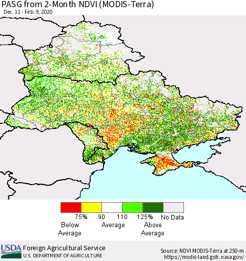 Ukraine, Moldova and Belarus PASG from 2-Month NDVI (Terra-MODIS) Thematic Map For 2/1/2020 - 2/10/2020