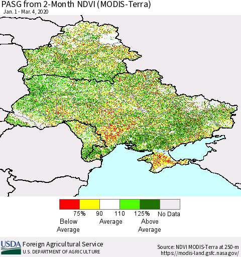 Ukraine, Moldova and Belarus PASG from 2-Month NDVI (Terra-MODIS) Thematic Map For 3/1/2020 - 3/10/2020