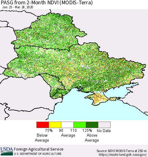 Ukraine, Moldova and Belarus PASG from 2-Month NDVI (Terra-MODIS) Thematic Map For 3/21/2020 - 3/31/2020
