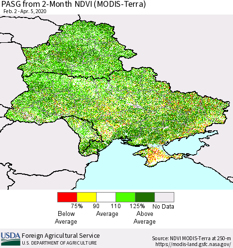 Ukraine, Moldova and Belarus PASG from 2-Month NDVI (Terra-MODIS) Thematic Map For 4/1/2020 - 4/10/2020