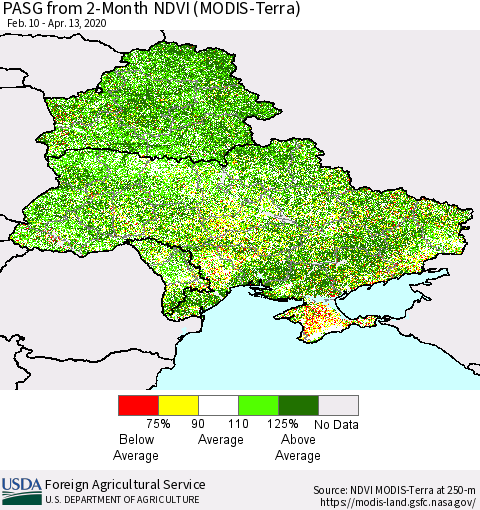 Ukraine, Moldova and Belarus PASG from 2-Month NDVI (Terra-MODIS) Thematic Map For 4/11/2020 - 4/20/2020