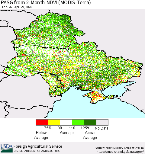 Ukraine, Moldova and Belarus PASG from 2-Month NDVI (Terra-MODIS) Thematic Map For 4/21/2020 - 4/30/2020