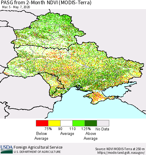 Ukraine, Moldova and Belarus PASG from 2-Month NDVI (Terra-MODIS) Thematic Map For 5/1/2020 - 5/10/2020