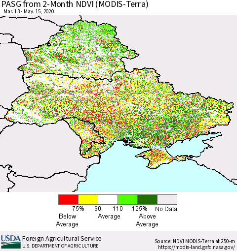 Ukraine, Moldova and Belarus PASG from 2-Month NDVI (Terra-MODIS) Thematic Map For 5/11/2020 - 5/20/2020