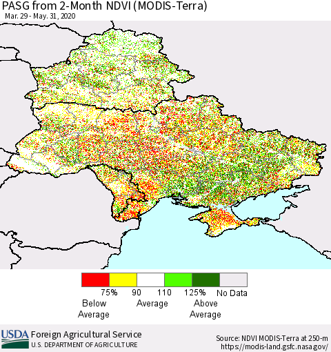 Ukraine, Moldova and Belarus PASG from 2-Month NDVI (Terra-MODIS) Thematic Map For 5/21/2020 - 5/31/2020