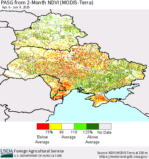 Ukraine, Moldova and Belarus PASG from 2-Month NDVI (Terra-MODIS) Thematic Map For 6/1/2020 - 6/10/2020