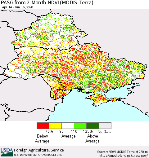 Ukraine, Moldova and Belarus PASG from 2-Month NDVI (Terra-MODIS) Thematic Map For 6/11/2020 - 6/20/2020