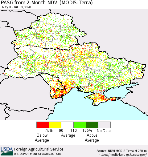 Ukraine, Moldova and Belarus PASG from 2-Month NDVI (Terra-MODIS) Thematic Map For 7/1/2020 - 7/10/2020